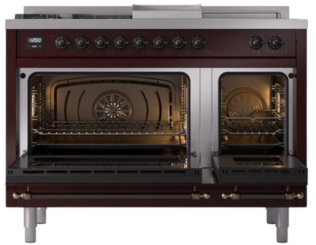 Ilve® Nostalgie II Noblesse 48'' Burgundy Pro Style Dual Fuel Range with Burnished Trim-1