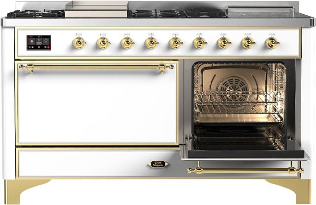 Ilve® Majestic III 60'' White Pro Style Dual Fuel Natural Gas Range with Solid Door and Brass Trim-3