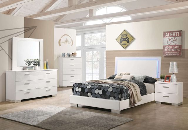 Coaster® Felicity 4-Piece Glossy White Full Panel Bedroom Set with LED Lighting