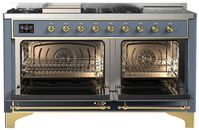 Ilve® Majestic III 60" Blue Gray Pro Style Dual Fuel Liquid Propane Range with Griddle and Brass Trim-1