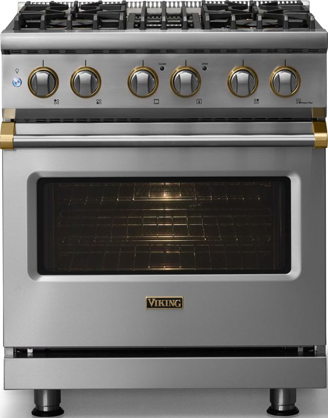 Viking® 5 Series 30" Stainless Steel Pro Style Dual Fuel (LP) Range with Brushed Brass Trim-2