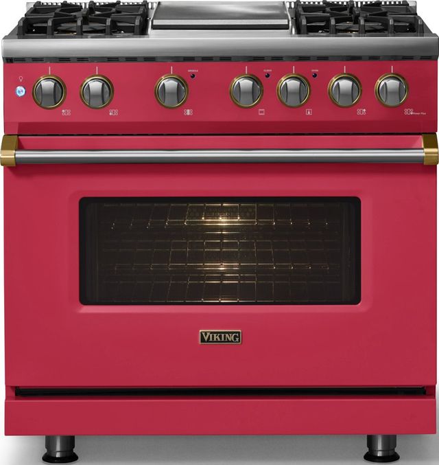 Viking® 5 Series 36" Valentine Pro Style Dual Fuel (LP) Range with Brushed Brass Trim-2