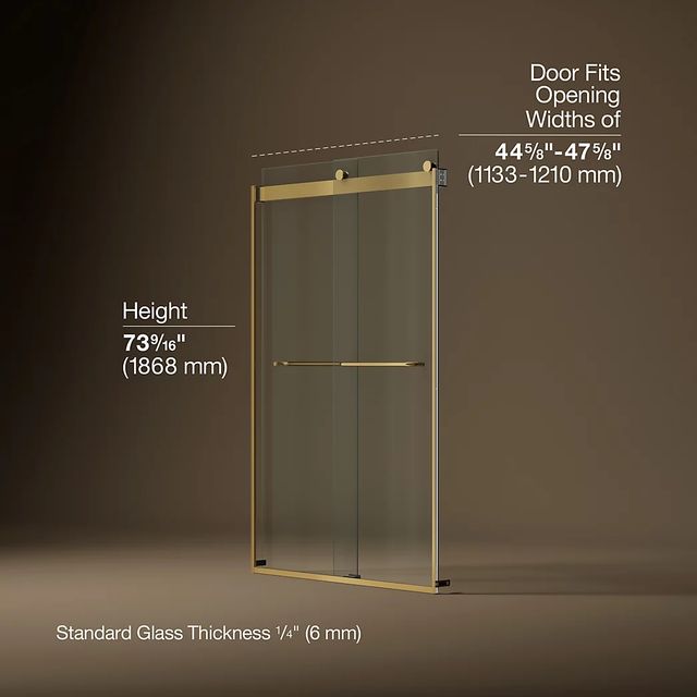 KOHLER Levity® Vibrant Brushed Moderne Brass 74" x 45" - 48" Sliding Shower Door-2