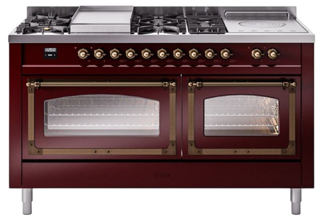 Ilve® Nostalgie II Noblesse 60'' Burgundy Pro Style Dual Fuel Range with Burnished Trim-0