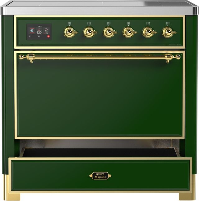 Ilve® Majestic III 36" Emerald Green Pro Style Induction Range with Solid Door and Brass Trim-3