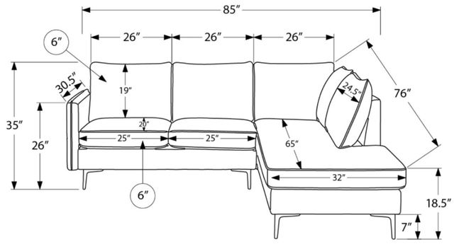Monarch Specialties Inc. Grey 86" Right-Arm Facing Sofa Sectional and Chaise with Black Metal Legs-2