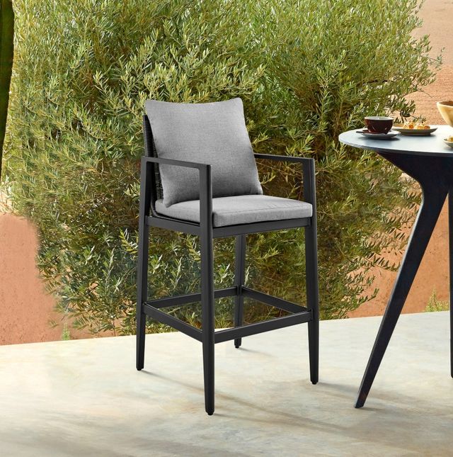 Armen Living Cayman 3-Piece Black/Gray Metal/Rattan Outdoor Barstool Set-1