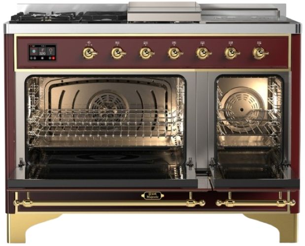 Ilve® Majestic III 48" Burgundy Pro Style Dual Fuel Natural Gas Range with French Top and Brass Trim-1