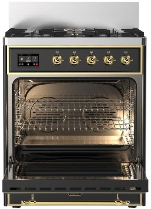 Ilve® Majestic III 30" Graphite Matte Pro Style Dual Fuel Liquid Propane Range with 5 Black Brass Burners and Brass Trim-1