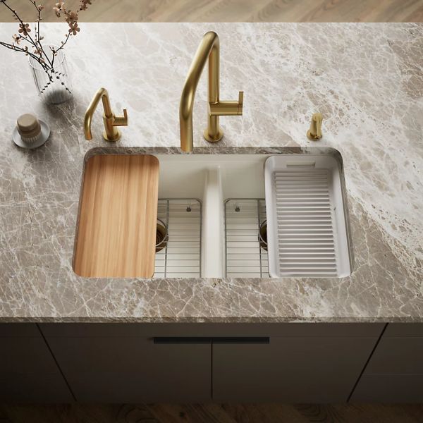 KOHLER® Riverby® Biscuit 33" Undermount Double-Equal Bowl Workstation Kitchen Sink with Accessories-1
