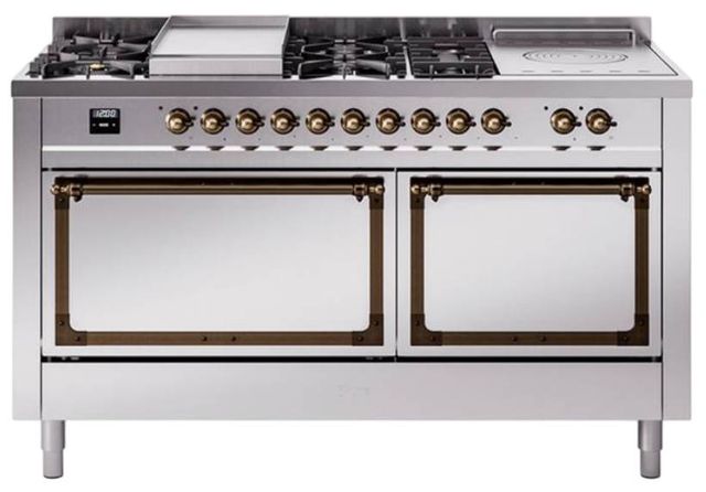 Ilve® Nostalgie II Noblesse 60'' Stainless Steel Pro Style Dual Fuel Range with Burnished Trim-0