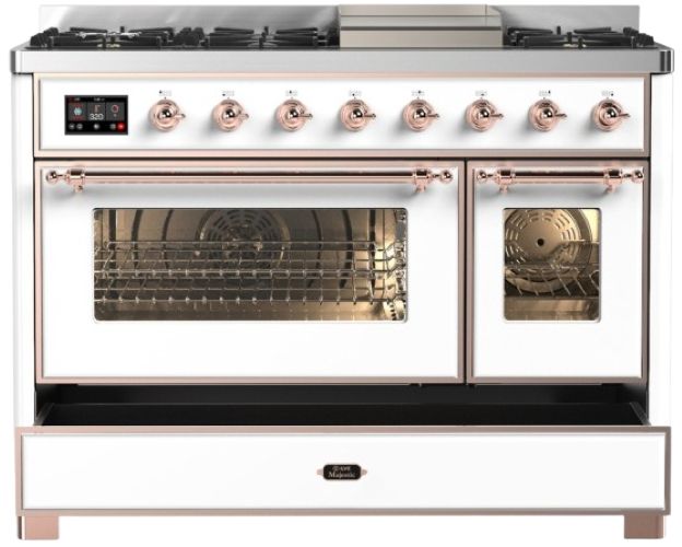 Ilve® Majestic III 48" White Pro Style Dual Fuel Liquid Propane Range with Griddle and Copper Trim-2