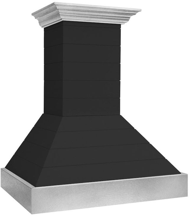 ZLINE 36" Rustic Shiplap Black Wooden Wall Mounted Range Hood with Stainless Steel Accents -2
