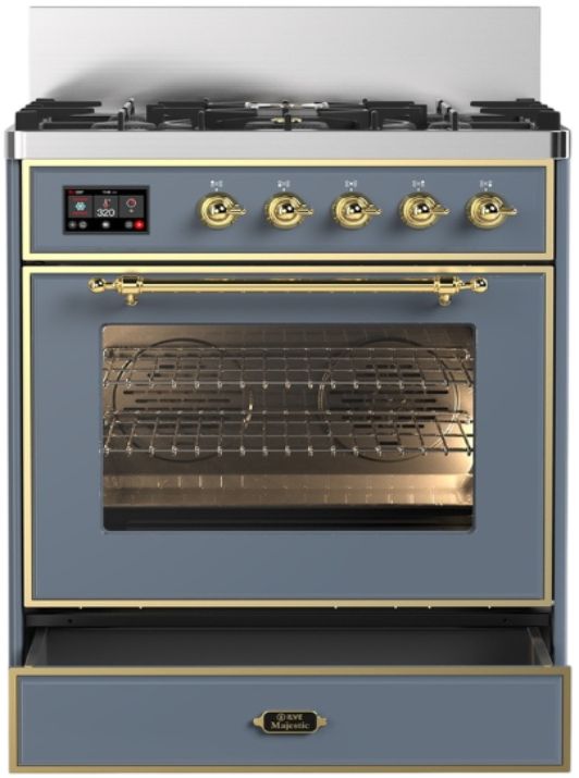 Ilve® Majestic III 30" Blue Gray Pro Style Dual Fuel Natural Gas Range with Triple Glass Door and Brass Trim-1