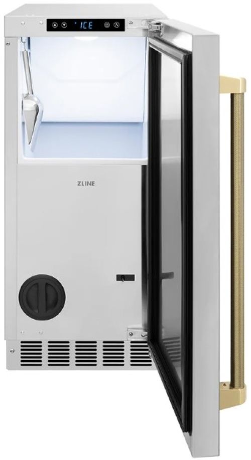 ZLINE Autograph Edition Touchstone 15" 75 lbs. Satin Stainless Steel Door with Champagne Bronze Helix Handle Clear Cube Ice Maker with Drain Pump-2