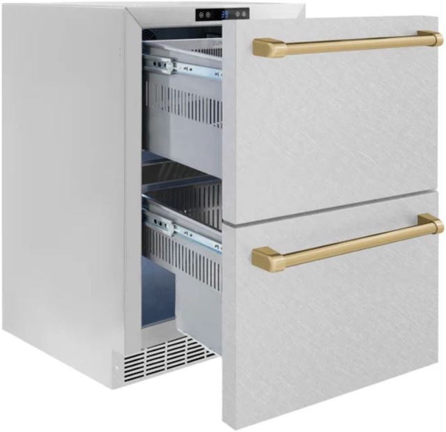 ZLINE Autograph Edition 24" Touchstone 168 Can Outdoor-Rated Dual Refrigerator Drawer with Satin Stainless Steel Doors and Champagne Bronze Handles-2
