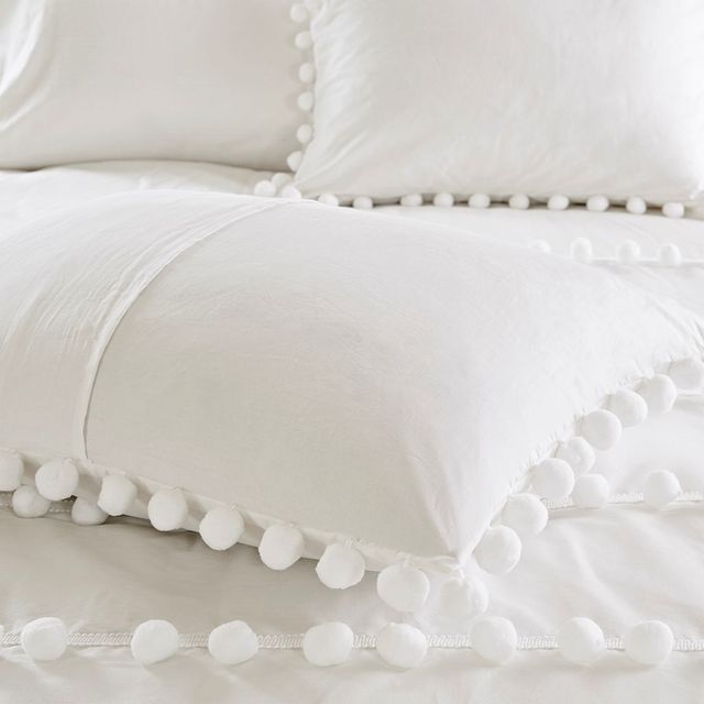 Olliix by Madison Park 3 Piece Ivory King/California King Leona Pom Pom Cotton Duvet Cover Set-3