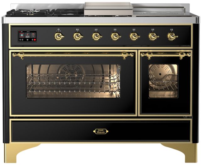 Ilve® Majestic III 48" Glossy Black Pro Style Dual Fuel Liquid Propane Range with 5 Black Brass Burners and Brass Trim-0