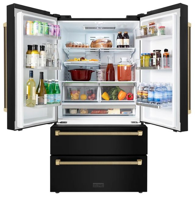 ZLINE Autograph Edition 36" 22.5 Cu. Ft. Fingerprint-Resistant Black Stainless Steel Counter Depth French Door Refrigerator with Champagne Bronze Helix Handles-3