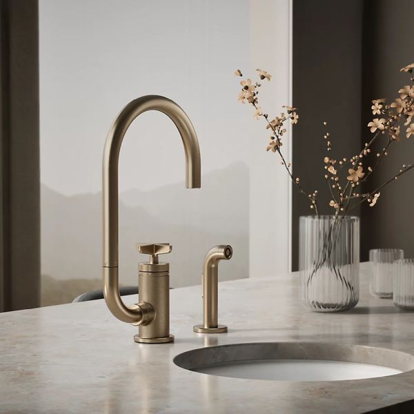 KOHLER® Billet® Vibrant Brushed Bronze 16" Single Cross-Handle Bar Sink Faucet with 2-Function Extended-Reach Spout and Side Sprayer-1