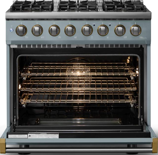 Viking® 5 Series 36" Novembery Sky Pro Style Dual Fuel (NG) Range with Brushed Brass Trim-1