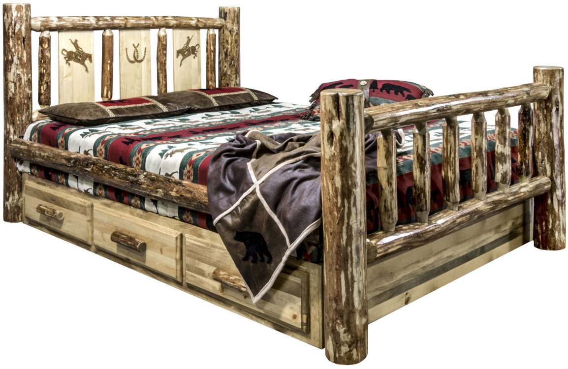 Montana Woodworks® Glacier Country Stain & Clear Lacquer California King Storage Bed with Laser Engraved Bronc Design