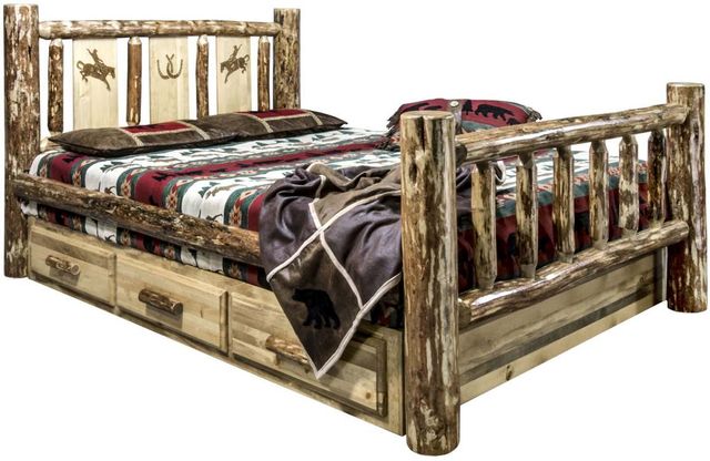 Montana Woodworks® Glacier Country Stain & Clear Lacquer California King Storage Bed with Laser Engraved Bronc Design-0