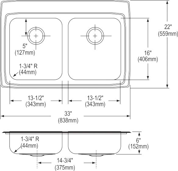 Elkay Lustertone® Classic Lustrous Satin 33" x 22" x 6" 4-Hole Equal Double Bowl Drop-In ADA Sink-2