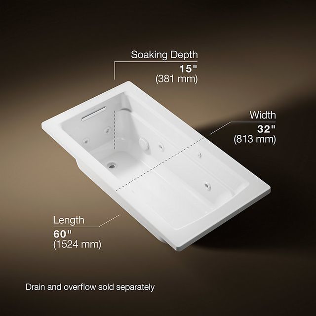 KOHLER® Archer® White 60" x 32" Drop-In Whirlpool Bath with Bask® Heated Surface-2