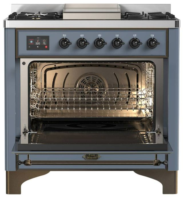 Ilve® Majestic III 36" Blue Gray Pro Style Dual Fuel Liquid Propane Range with Triple Glass Door and Burnished Trim-1