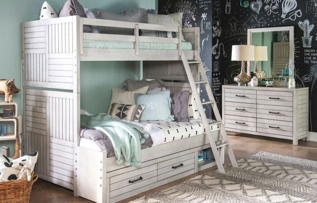 front view of a full mattress on a lower bunk bed in a kids room