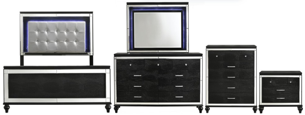 New Classic® Home Furnishings Valentino 5-Piece Black Queen Upholstered Bedroom Set with Chest and Nightstand