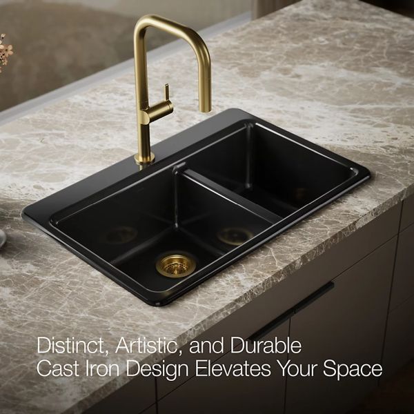 KOHLER® Riverby® Black 33" 1-Faucet Hole Top-Mount Double-Bowl Workstation Kitchen Sink-4