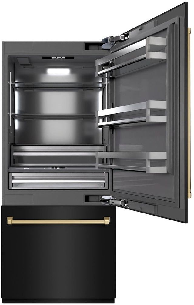 ZLINE Autograph Edition 36" 19.8 Cu. Ft. Black Stainless Steel Built-In Bottom Freezer Refrigerator with Water Dispenser, Ice Maker, Graphite Gray Interior, and Champagne Bronze Accents-3