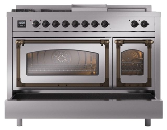 Ilve® Nostalgie II Noblesse 48'' Stainless Steel Pro Style Dual Fuel Range with Burnished Trim-3