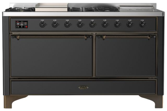 Ilve® Majestic III 60" Graphite Matte Pro Style Dual Fuel Liquid Propane Range with Solid Door and Burnished Trim-0