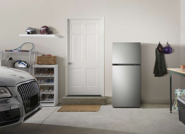 Credit: LG Front view of a modern garage with a garage-ready top freezer refrigerator