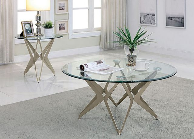 Furniture of America® Alvise Glass Top End Table with Champagne Cross Legs-1