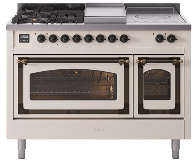 Ilve® Nostalgie II Noblesse 48'' Antique White Pro Style Dual Fuel Range with Burnished Trim-0