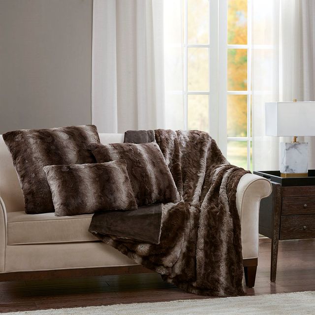 Olliix by Madison Park Zuri Faux Fur Chocolate 25" x 25" Euro Pillow-1