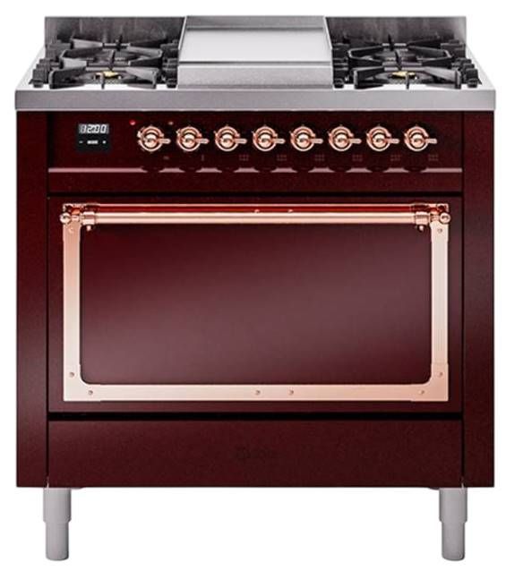 Ilve® Nostalgie II Noblesse 36'' Burgundy Pro Style Dual Fuel Range with Copper Trim-0