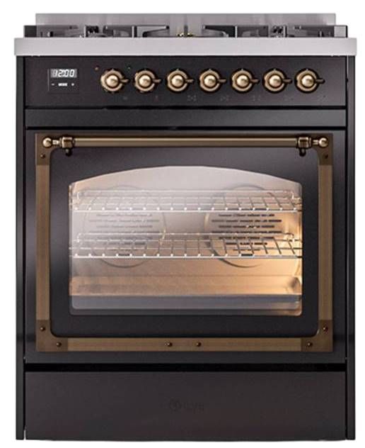 Ilve® Nostalgie II Noblesse 30" Glossy Black Pro Style Dual Fuel Range with Burnished Trim-1