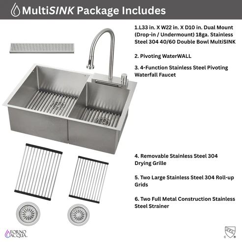 Forno Acqua MultiSINK Stainless Steel 10" Dual Mount Double Bowl Sink with Waterfall Faucet-4