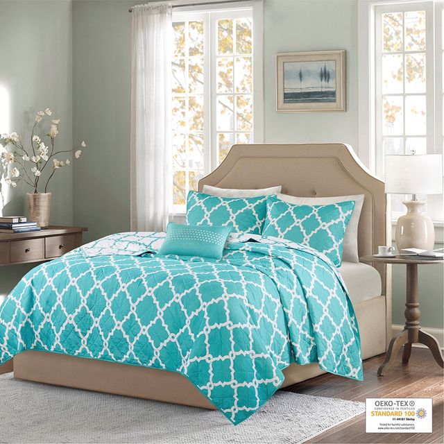Olliix by Madison Park Essentials Merritt 4 Piece Aqua Full/Queen Reversible Coverlet Set-0