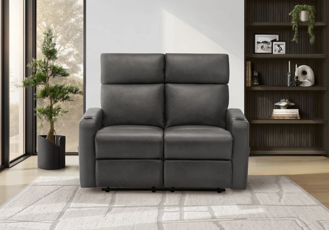 Monarch Specialties Inc. Grey Faux Leather Manual Reclining Loveseat with Cupholders-1