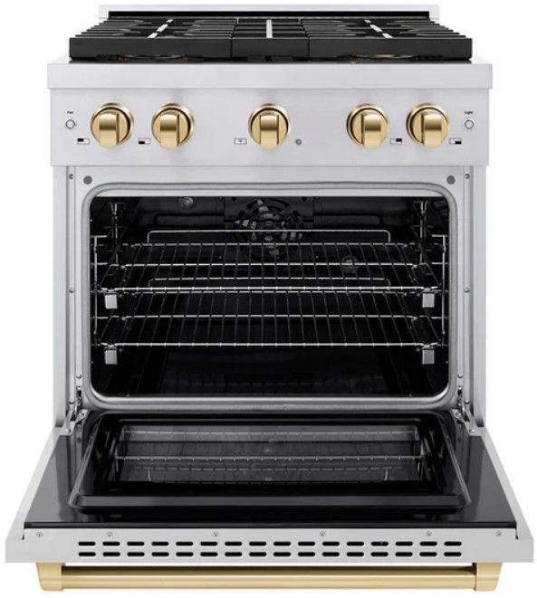 ZLINE Paramount 30" 4.2 cu. ft. Satin Stainless Steel Paramount Dual Fuel Range with 4 Burner DuoPro™ Cooktop and Electric Convection Oven with Champagne Bronze Accents-1