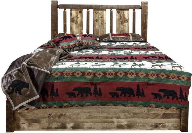 Montana Woodworks® Homestead Stain & Clear Lacquer Full Platform Storage Bed with Laser Engraved Wolf Design-1
