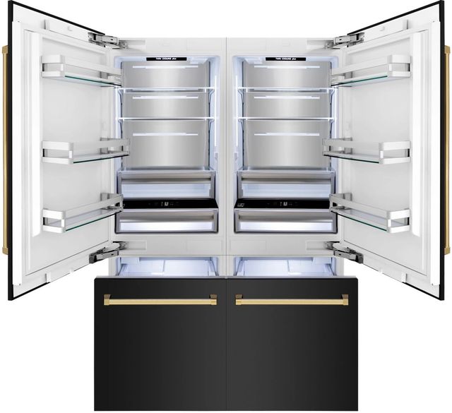 ZLINE Autograph Edition 60" 32.2 Cu. Ft. Black Stainless Steel Built-In French Door Refrigerator with Polished Gold Accent and Bright White Interior-1