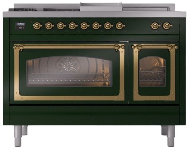 Ilve® Nostalgie II Noblesse 48'' Emerald Green Pro Style Dual Fuel Range with Brass Trim-1