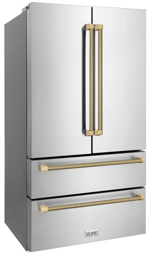 ZLINE Autograph Edition 36" 22.5 Cu. Ft. Fingerprint-Resistant Stainless Steel Counter Depth French Door Refrigerator with Ice Maker and Champagne Bronze Helix Handles-2